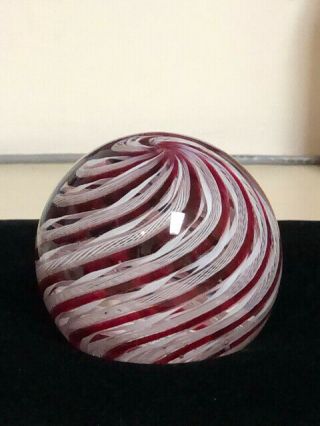 Vintage MURANO Art Glass Cranberry White Latticino Ribbon Swirl Paperweight 6
