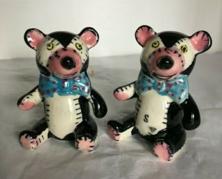 Vinage Set Of Patchwork Teddy Bear Salt And Pepper Shakers Black/white/pink