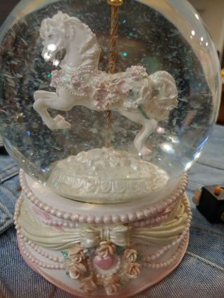 1995 San Francisco Music Box Company Carousel Horse Water Snow Globe Pinks