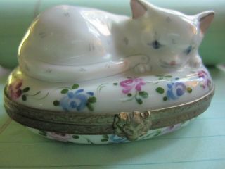 Signed Peint Main LIMOGES France HEREND STYLE CAT Hinged Trinket Box BLUE FLWRS 5