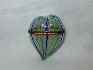 Murano Latticino Art Glass Heart Box - Blue,  Green,  Yellow - Linked Hearts Clasp