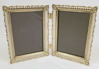 Vintage Double Hinged Gold Tone Metal Filigree Ornate Picture Frames Photo