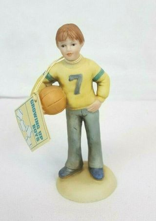 1983 Enesco Growing Up Boys Birthday Boy Age 7 Basketball Porcelain Figurine