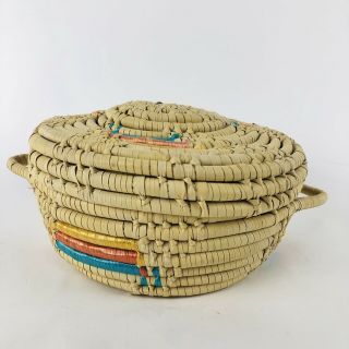 Vintage Woven Basket With Handles And Lid Natural,  Purples,  Blue,  Yellow