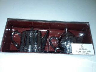 Godinger Chrome Plated Teapot Kettle Salt & Pepper Shakers Box