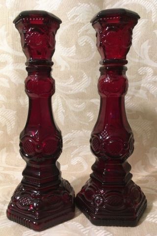 Avon 1876 Cape Cod Ruby Red 8 - 3/4” Tall Set Of 2 Candle Stick Holders