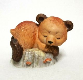 Vintage Enesco Bear Figurine Cub Sleeping On Tree Stump Porcelain Bisque 3 " X 4 "