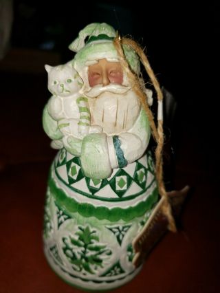 2004 Jim Shore Santa Green & White Bell Orn.  Figurine Holding Cat W/tag Retired?