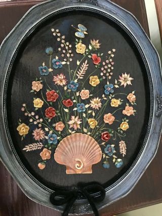 Large Vintage Sea Shell Floral Art Oval Frame