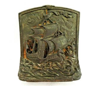Vintage Cast Iron Metal Bookend Nautical Sailing Ship