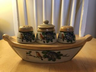 Vintage Ceramic Salt & Pepper Shakers / Condiment Boat Tray Made In Japan