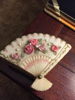 Dezine Hand Painted Trinket Box Fan Shape Roses Pearls Gold Swirl Approx 5x4x2 "
