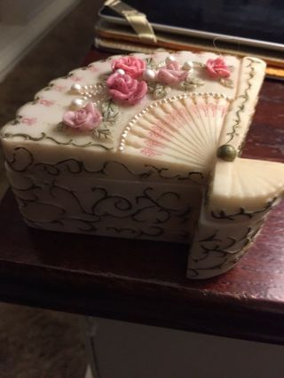 Dezine Hand Painted Trinket Box Fan Shape Roses Pearls Gold swirl approx 5x4x2 