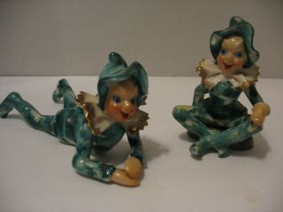 Vintage Occupied Japan 2 Pixie Elf Elves Gnomes Pair Green W/lace Collars 5
