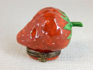 Limoges France Hinged Trinket Box,  Red Strawberry With Bee Latch,  Hand Painted