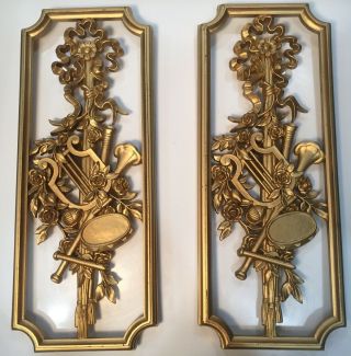2 Vintage Syroco Gold Wall Hanging Plaques Floral Music Homco Usa Harp Drum Horn