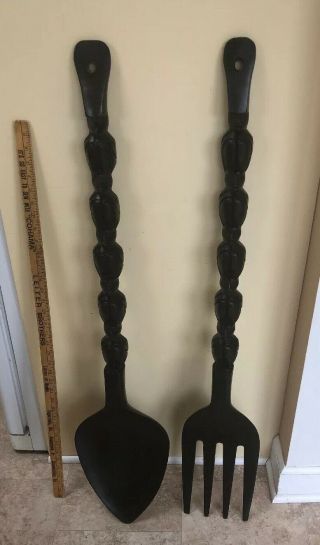 Vintage Giant Wooden Fork And Spoon Wall Hanging Tiki Decor Ornate Carving 42”