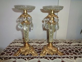 Vtg Art Deco Gold Tone Metal & Lucite Tall Candle Holders W/ Crystals