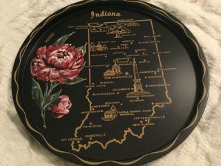 Vintage Indiana Black Metal 11 " Round Souvenir Tray State Map State Flower Peony