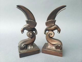 Art Deco Patinated Spelter Bird On Wave Bookends 1930s