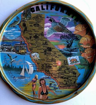 California State Tin Souvenir Tray 11 Inch With Map California Girls 60’s