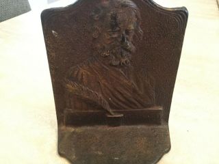 Vintage Henry W.  Longfellow Cast Iron Book End Bust - Portrait Feather Quill Pen 2