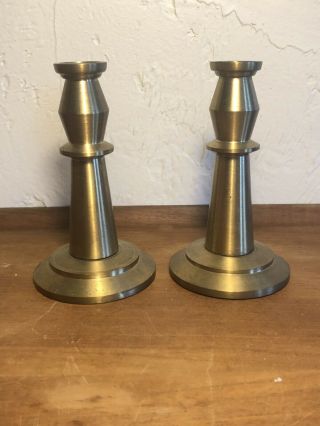 Pair Vintage Modern Solid Brass Candle Stick Holders Mid - Century Machine Age