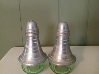 Vintage Aluminum Top With Green Glass Bottom Salt And Pepper Shakers