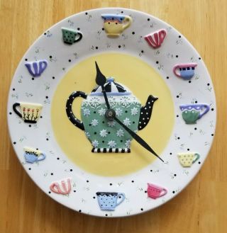 Mary Engelbreit Ceramic Wall Clock Teapot / Teacups 8.  25 " 1998 Michel Me Ink