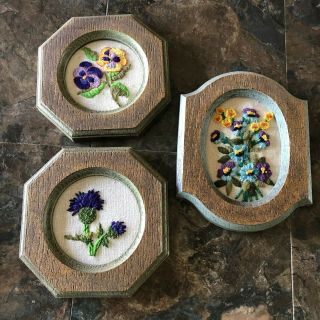 Set Of 3 Vintage 60s Yarn Embroidered Floral Wall Hangings Plaques