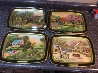 Currier And Ives 4 Metal Trays American Homestead 4 Seasons
