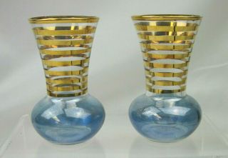 4 " Vintage Glass Bud Vases Clear & Blue With Gold Trim And Lines On The Neck
