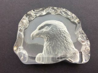 Etched Glass American Bald Eagle Paperweight.  -