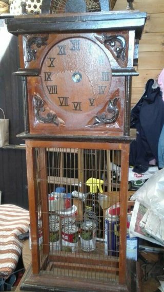 Antique/vintage Wood Bird Cage Hand Carved Large W/clock Folk Art Americana Rare