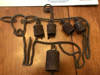Vintage Cow Bell Primitive Rustic Cow Design Hand Crafted Wind Chime Iron