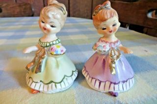 Vintage Pair Young Ladies Salt & Pepper Shakers Japan With Cork Stoppers