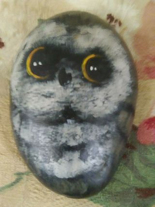 2 Owls - A 2 " Heavy Brass Owl & A Handpainted Owl On A Black Rock 2.  5 " X3.  5 " Long