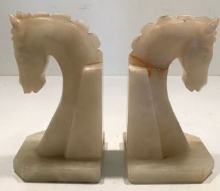 Vintage Horse Head Bookends 5 1/2 " White Onyx Marble Carved Stone