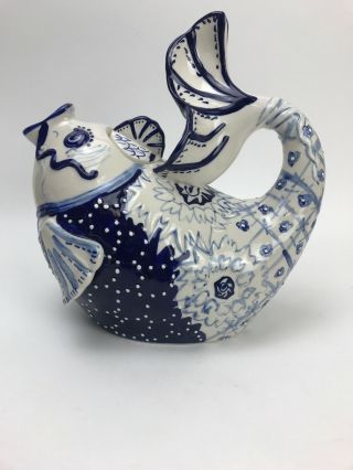 Blue Sky Clayworks Blue White Koi Fish Ceramic Tea Pot Heather Goldminc 2013