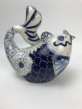 Blue Sky Clayworks BLUE WHITE KOI FISH Ceramic Tea Pot Heather Goldminc 2013 3