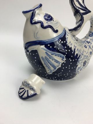 Blue Sky Clayworks BLUE WHITE KOI FISH Ceramic Tea Pot Heather Goldminc 2013 6