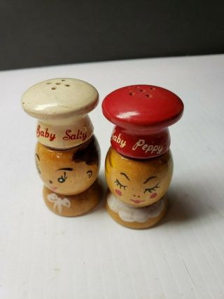 Vintage Baby Salty And Peppy Wooden Salt And Pepper Shakers Hand Painted