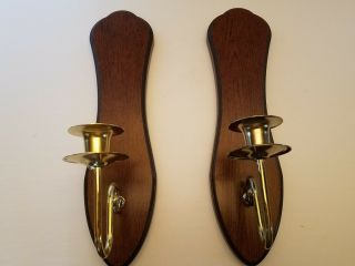 Set Of 2 Home Interior Wood & Brass 13 1/2 " Tall Wall Taper Candle Holders