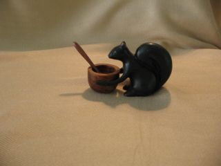 Metal And Wood Squirrel Salt Dish With Spoon