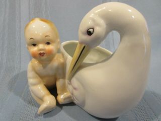 vintage ceramic planter baby with a stork hand painted china Japan 5 