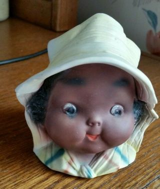 Vintage Bisque Black Baby Head W/yellow Hat Trinket Box