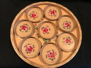 Vintage Hand Painted Serving Tray With 8 Coasters Roses Pink