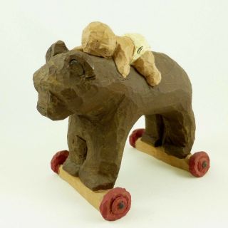 Carved Wood Baby On Ride On Bear Toy Figurine Wood Carving Folk Art By W Wright