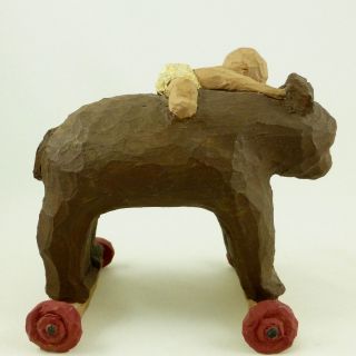 Carved Wood Baby on Ride On Bear Toy Figurine Wood Carving Folk Art by W Wright 3