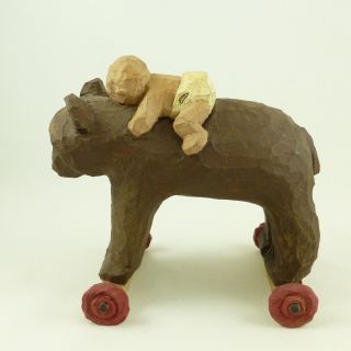 Carved Wood Baby on Ride On Bear Toy Figurine Wood Carving Folk Art by W Wright 5